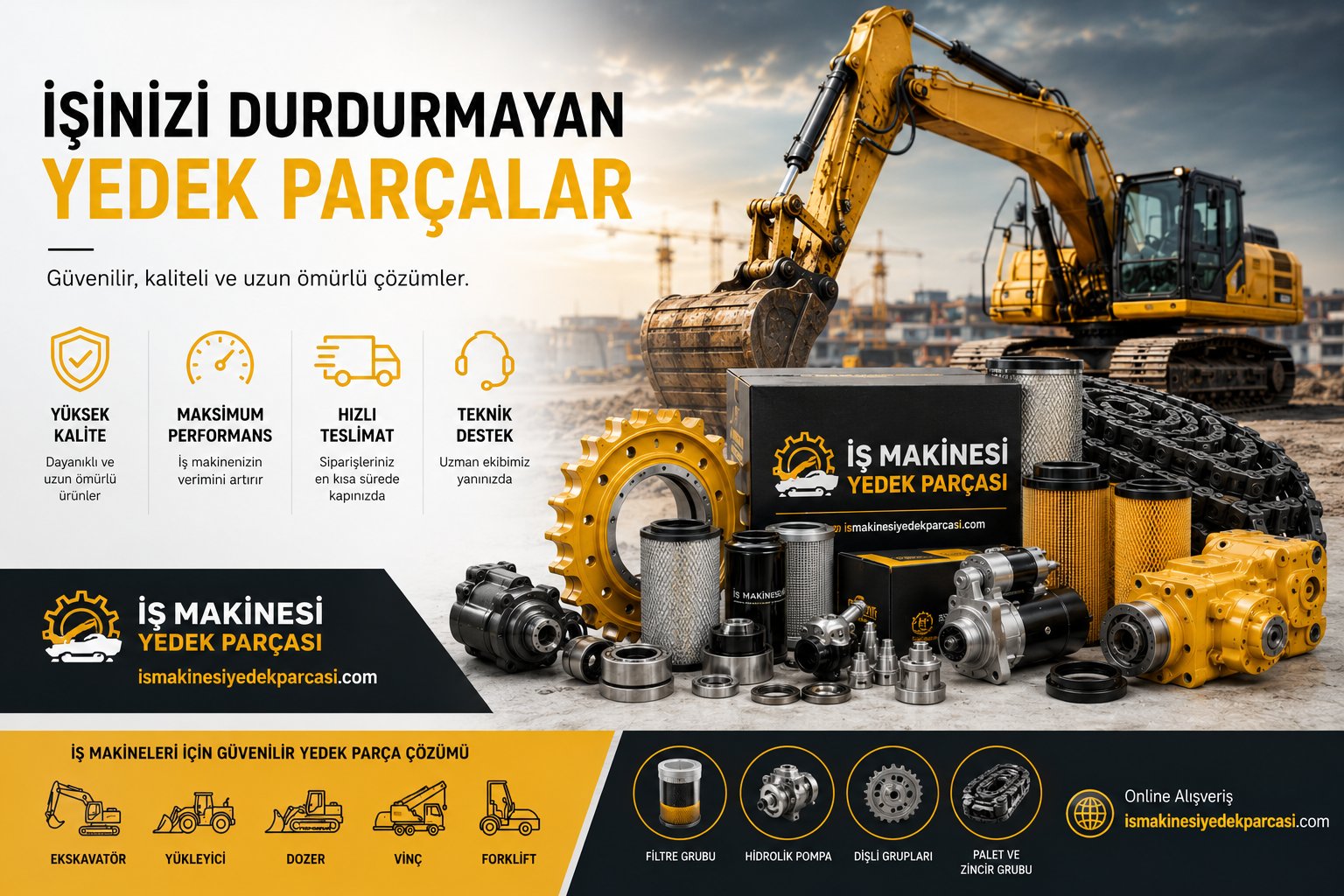 İş Makinesi Yedek Parçası — iş makineleri için yüksek kaliteli, güvenilir yedek parçalar; filtre, hidrolik, dişli ve palet grupları